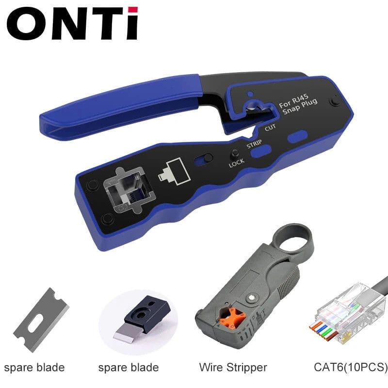 image-ONTi RJ45 Cat7/6/6A/5E Connector , RJ45 Crimper Tool Pass Through Crimp with Replacement Blade Ethernet Cable Stripper