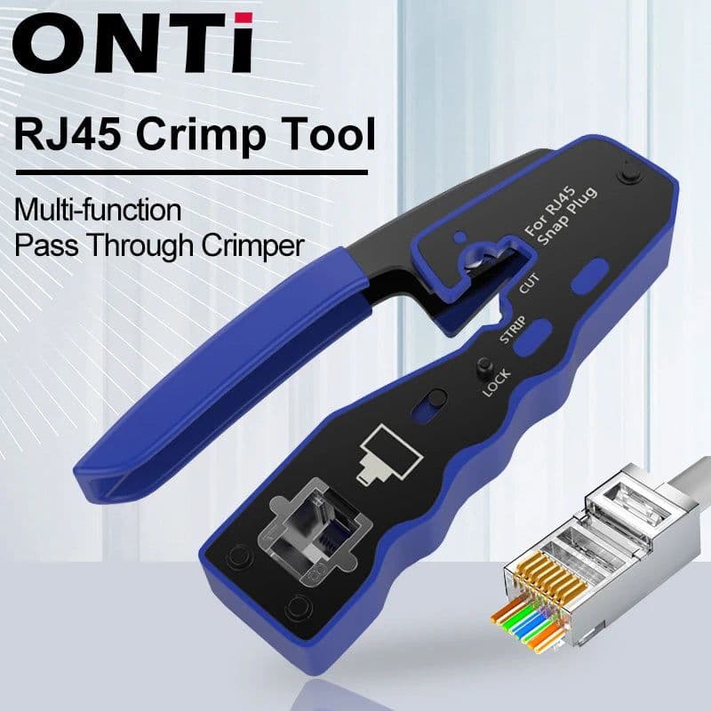 image-ONTi RJ45 Cat7/6/6A/5E Connector , RJ45 Crimper Tool Pass Through Crimp with Replacement Blade Ethernet Cable Stripper