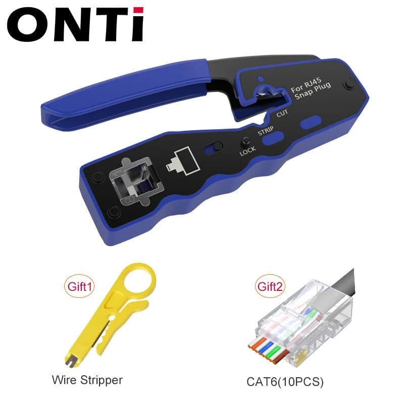 image-ONTi RJ45 Cat7/6/6A/5E Connector , RJ45 Crimper Tool Pass Through Crimp with Replacement Blade Ethernet Cable Stripper