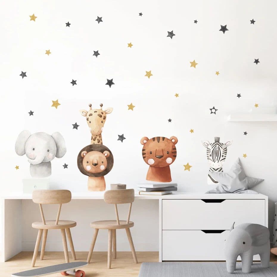 image-Boho Cartoon Elephant Giraffe Stars Height Measurement Wall Sticker Vinyl Nursery Watercolor Wall Decals Kids Room Home Decor