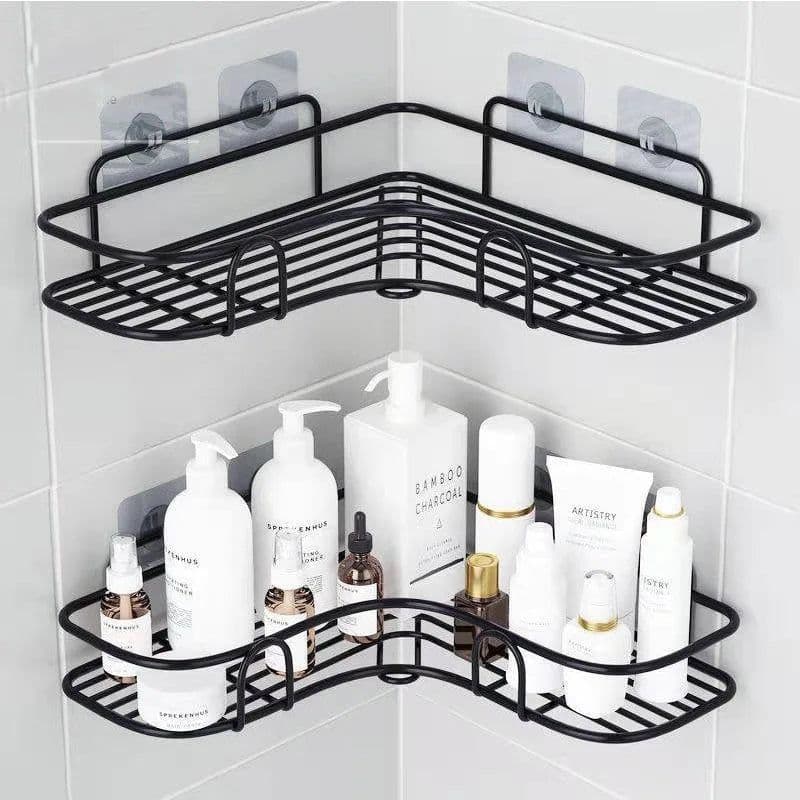 image-Bathroom kitchen Punch Corner Frame Shower Shelf Wrought Iron Shampoo Storage Rack Holder with Suction Cup bathroom accessories