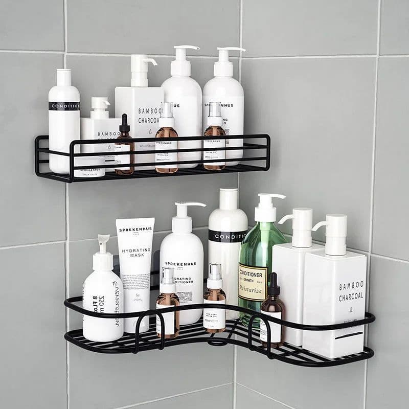image-Bathroom kitchen Punch Corner Frame Shower Shelf Wrought Iron Shampoo Storage Rack Holder with Suction Cup bathroom accessories