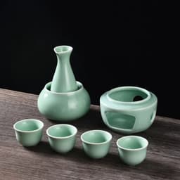 image-Ceramic Sake Set with Warmer Include 1pc Sake Bottle, 4pc Sake Cups, 1pc Warmer Cup, 1pc Candle Heating Stove