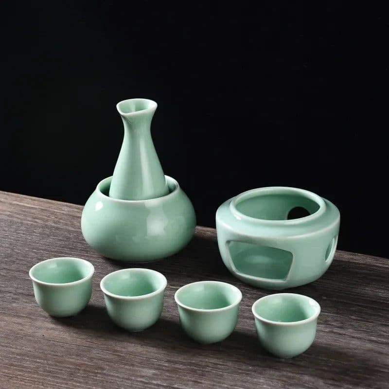 image-Ceramic Sake Set with Warmer Include 1pc Sake Bottle, 4pc Sake Cups, 1pc Warmer Cup, 1pc Candle Heating Stove