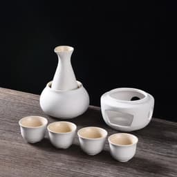 image-Ceramic Sake Set with Warmer Include 1pc Sake Bottle, 4pc Sake Cups, 1pc Warmer Cup, 1pc Candle Heating Stove