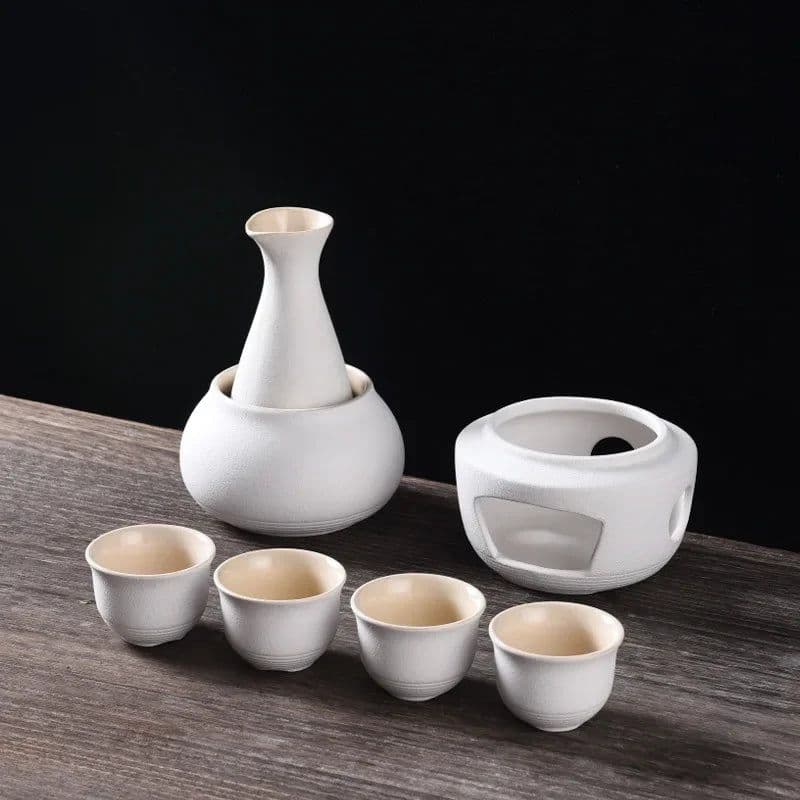 image-Ceramic Sake Set with Warmer Include 1pc Sake Bottle, 4pc Sake Cups, 1pc Warmer Cup, 1pc Candle Heating Stove