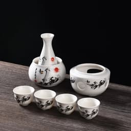 image-Ceramic Sake Set with Warmer Include 1pc Sake Bottle, 4pc Sake Cups, 1pc Warmer Cup, 1pc Candle Heating Stove