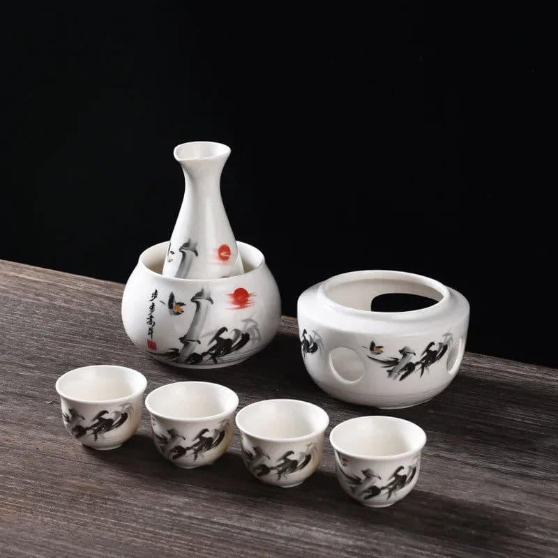 image-Ceramic Sake Set with Warmer Include 1pc Sake Bottle, 4pc Sake Cups, 1pc Warmer Cup, 1pc Candle Heating Stove