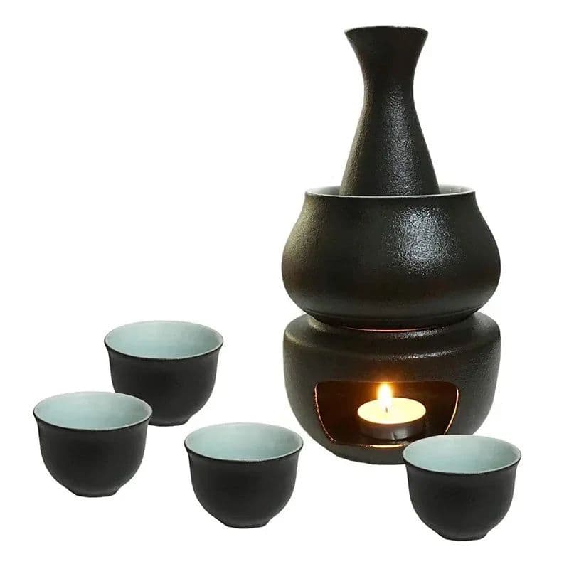 image-Ceramic Sake Set with Warmer Include 1pc Sake Bottle, 4pc Sake Cups, 1pc Warmer Cup, 1pc Candle Heating Stove