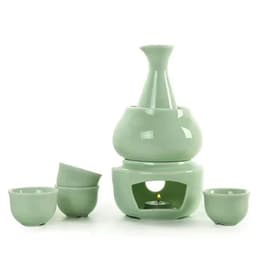 image-Ceramic Sake Set with Warmer Include 1pc Sake Bottle, 4pc Sake Cups, 1pc Warmer Cup, 1pc Candle Heating Stove