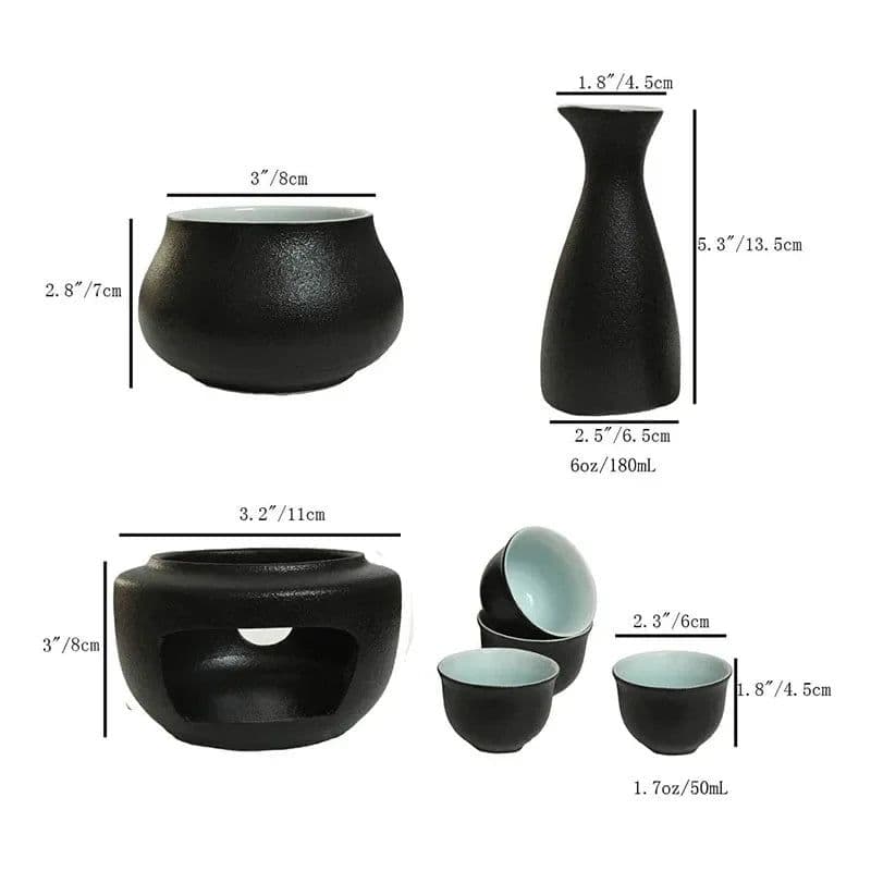 image-Ceramic Sake Set with Warmer Include 1pc Sake Bottle, 4pc Sake Cups, 1pc Warmer Cup, 1pc Candle Heating Stove
