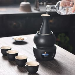 image-Ceramic Sake Set with Warmer Include 1pc Sake Bottle, 4pc Sake Cups, 1pc Warmer Cup, 1pc Candle Heating Stove