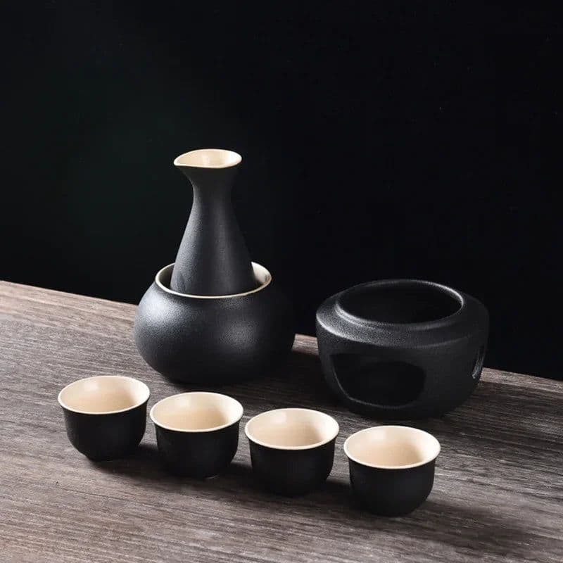image-Ceramic Sake Set with Warmer Include 1pc Sake Bottle, 4pc Sake Cups, 1pc Warmer Cup, 1pc Candle Heating Stove