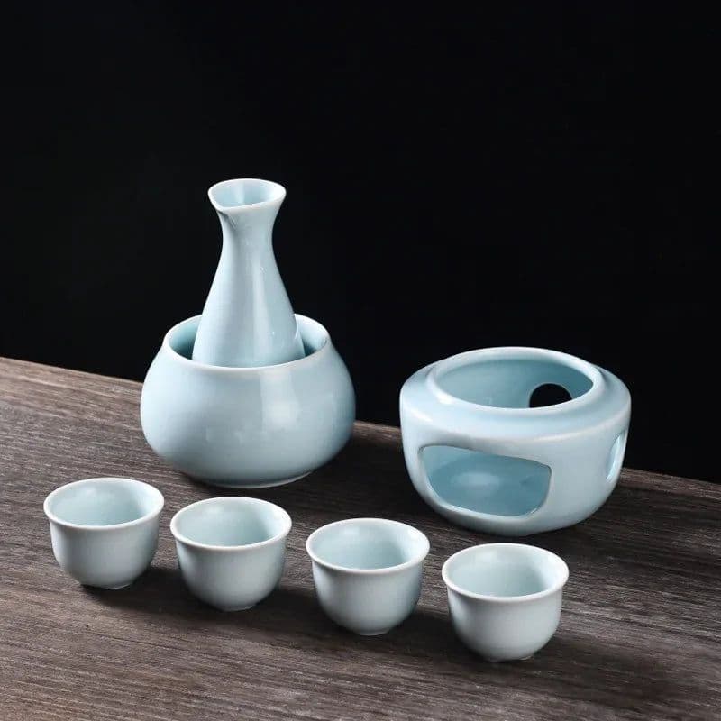 image-Ceramic Sake Set with Warmer Include 1pc Sake Bottle, 4pc Sake Cups, 1pc Warmer Cup, 1pc Candle Heating Stove