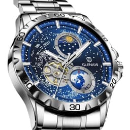 image-GLENAW Rotating Earth Double Second Hand WristWatch Men Automatic Mechanical Watch Starry Sky Stainless Steel Leather Watchband