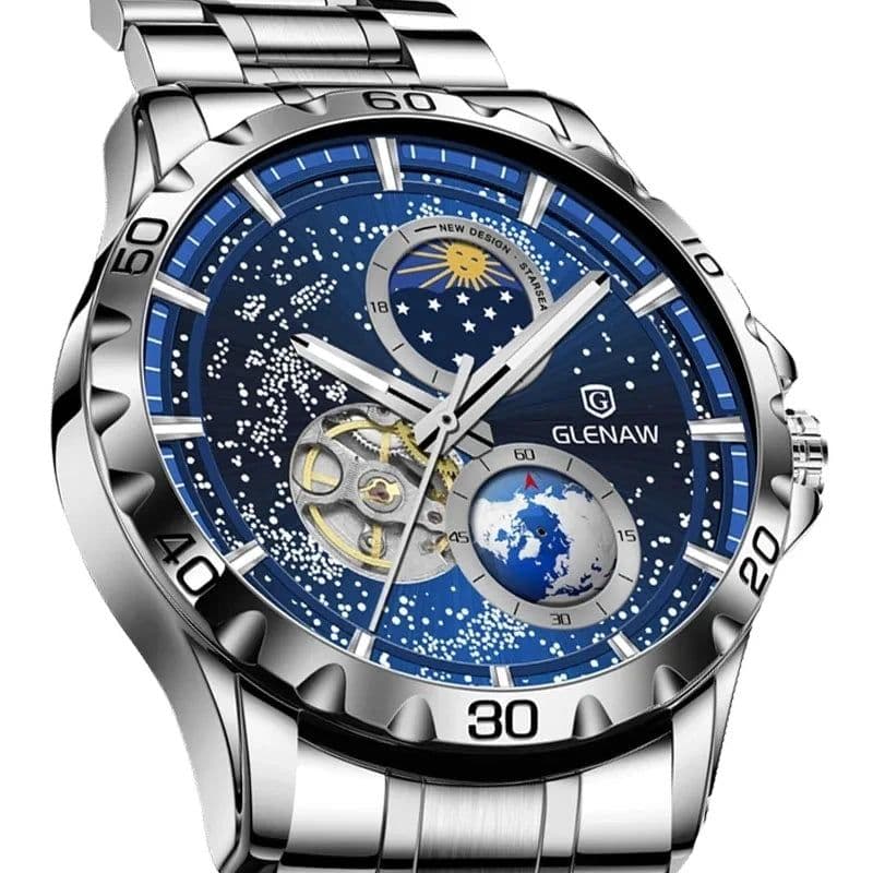 image-GLENAW Rotating Earth Double Second Hand WristWatch Men Automatic Mechanical Watch Starry Sky Stainless Steel Leather Watchband