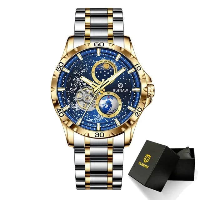 image-GLENAW Rotating Earth Double Second Hand WristWatch Men Automatic Mechanical Watch Starry Sky Stainless Steel Leather Watchband