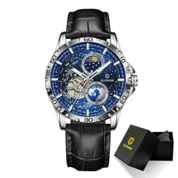 image-GLENAW Rotating Earth Double Second Hand WristWatch Men Automatic Mechanical Watch Starry Sky Stainless Steel Leather Watchband