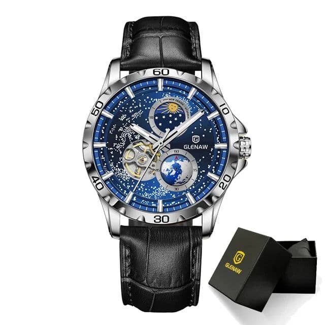 image-GLENAW Rotating Earth Double Second Hand WristWatch Men Automatic Mechanical Watch Starry Sky Stainless Steel Leather Watchband