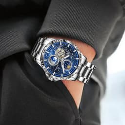 image-GLENAW Rotating Earth Double Second Hand WristWatch Men Automatic Mechanical Watch Starry Sky Stainless Steel Leather Watchband