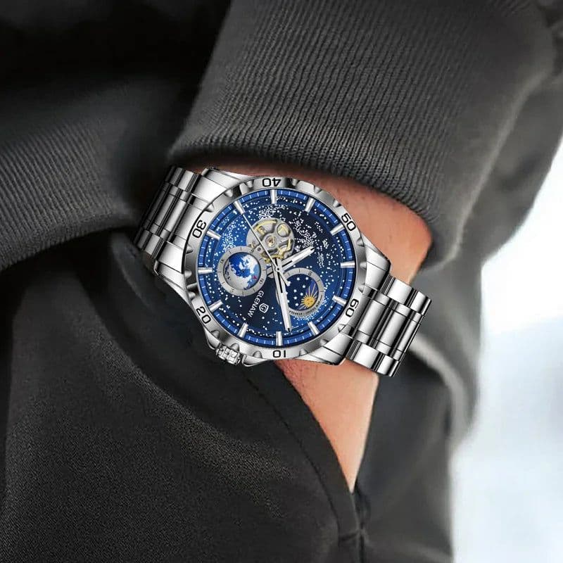 image-GLENAW Rotating Earth Double Second Hand WristWatch Men Automatic Mechanical Watch Starry Sky Stainless Steel Leather Watchband