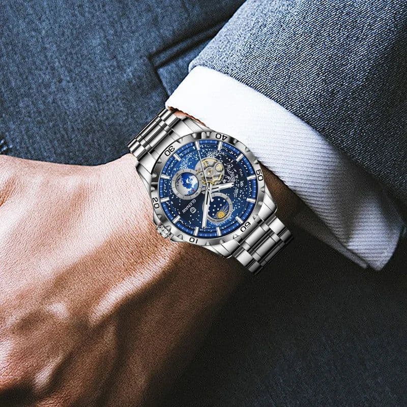 image-GLENAW Rotating Earth Double Second Hand WristWatch Men Automatic Mechanical Watch Starry Sky Stainless Steel Leather Watchband