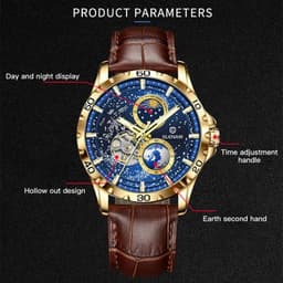 image-GLENAW Rotating Earth Double Second Hand WristWatch Men Automatic Mechanical Watch Starry Sky Stainless Steel Leather Watchband