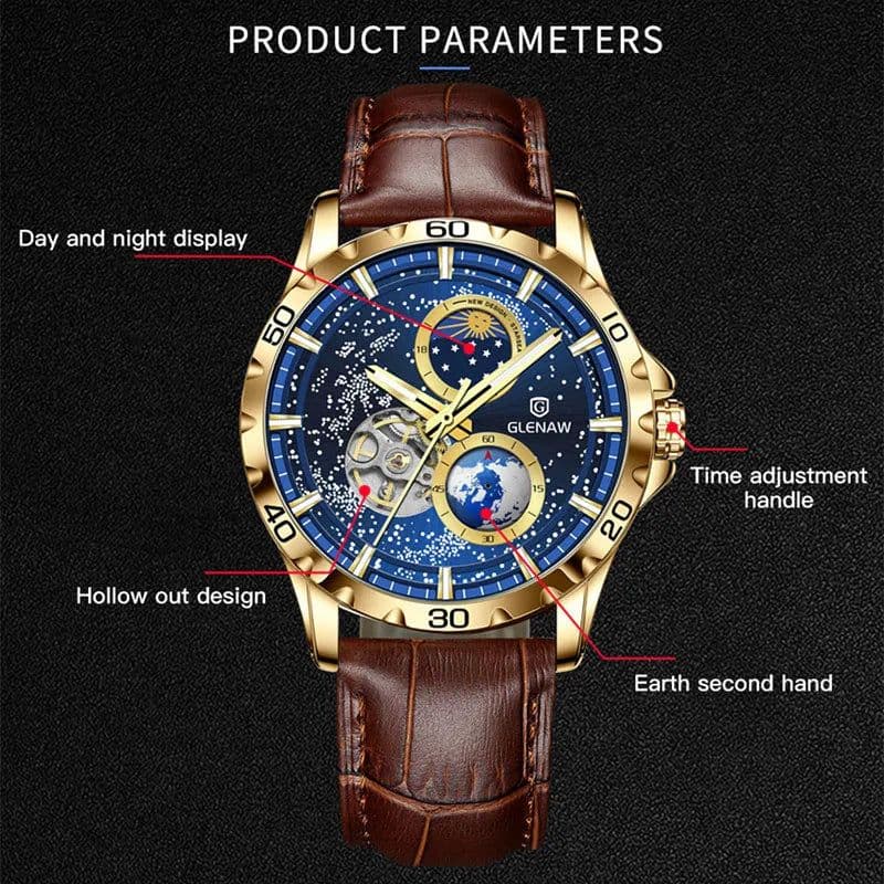 image-GLENAW Rotating Earth Double Second Hand WristWatch Men Automatic Mechanical Watch Starry Sky Stainless Steel Leather Watchband