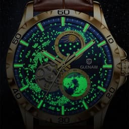 image-GLENAW Rotating Earth Double Second Hand WristWatch Men Automatic Mechanical Watch Starry Sky Stainless Steel Leather Watchband