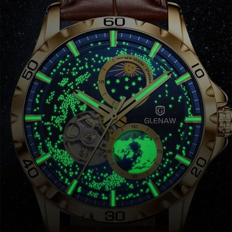 image-GLENAW Rotating Earth Double Second Hand WristWatch Men Automatic Mechanical Watch Starry Sky Stainless Steel Leather Watchband