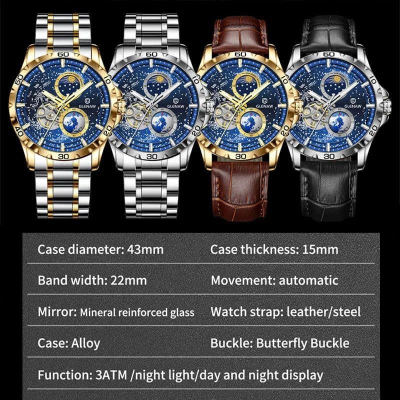 image-GLENAW Rotating Earth Double Second Hand WristWatch Men Automatic Mechanical Watch Starry Sky Stainless Steel Leather Watchband