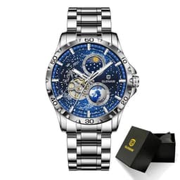 image-GLENAW Rotating Earth Double Second Hand WristWatch Men Automatic Mechanical Watch Starry Sky Stainless Steel Leather Watchband
