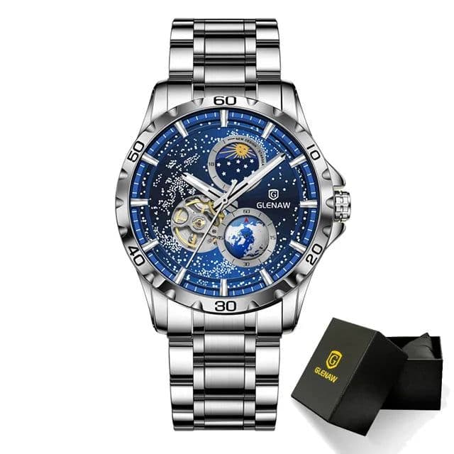 image-GLENAW Rotating Earth Double Second Hand WristWatch Men Automatic Mechanical Watch Starry Sky Stainless Steel Leather Watchband