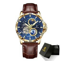image-GLENAW Rotating Earth Double Second Hand WristWatch Men Automatic Mechanical Watch Starry Sky Stainless Steel Leather Watchband