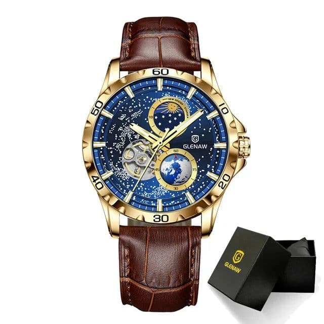 image-GLENAW Rotating Earth Double Second Hand WristWatch Men Automatic Mechanical Watch Starry Sky Stainless Steel Leather Watchband