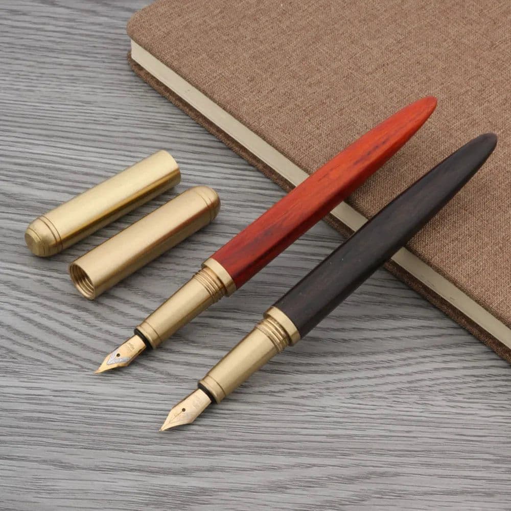 image-luxury Quality brand Red wood Fountain Pen brass Copper Calligraphy Golden M Nib INK pen Business Office school supplies