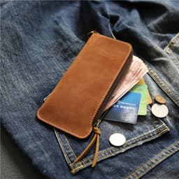 image-100% Genuine Leather Wallet For Men Male Real Cowhide Vintage Handmade Long Slim Zipper Clutch Men's Purse Card Holder Phone Bag