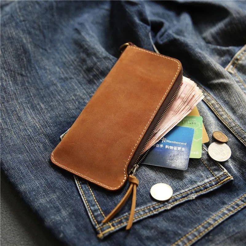 image-100% Genuine Leather Wallet For Men Male Real Cowhide Vintage Handmade Long Slim Zipper Clutch Men's Purse Card Holder Phone Bag