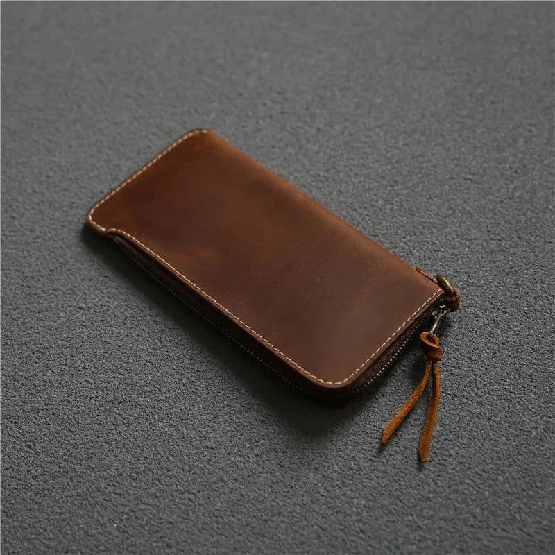 image-100% Genuine Leather Wallet For Men Male Real Cowhide Vintage Handmade Long Slim Zipper Clutch Men's Purse Card Holder Phone Bag