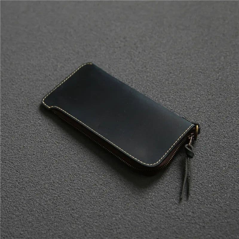 image-100% Genuine Leather Wallet For Men Male Real Cowhide Vintage Handmade Long Slim Zipper Clutch Men's Purse Card Holder Phone Bag