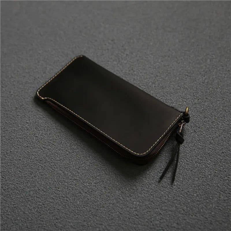 image-100% Genuine Leather Wallet For Men Male Real Cowhide Vintage Handmade Long Slim Zipper Clutch Men's Purse Card Holder Phone Bag