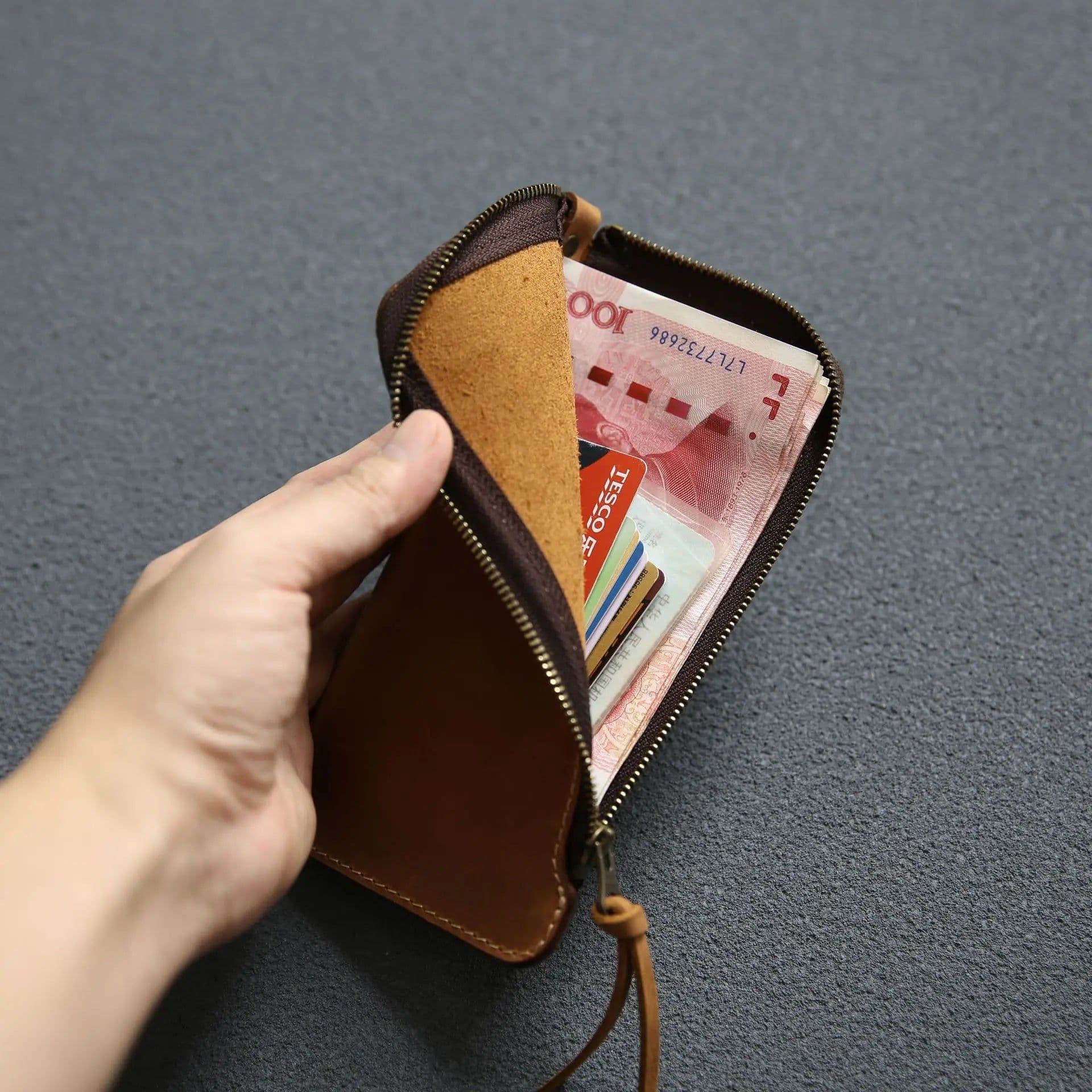 image-100% Genuine Leather Wallet For Men Male Real Cowhide Vintage Handmade Long Slim Zipper Clutch Men's Purse Card Holder Phone Bag