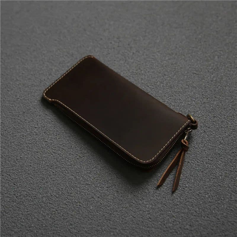 image-100% Genuine Leather Wallet For Men Male Real Cowhide Vintage Handmade Long Slim Zipper Clutch Men's Purse Card Holder Phone Bag