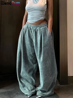 image-Weird Puss Y2K Casual Wide-Leg Pants Women Autumn Loose Simple Basic Pocket High Waist Trousers Corduroy Streetwear Long Bottoms
