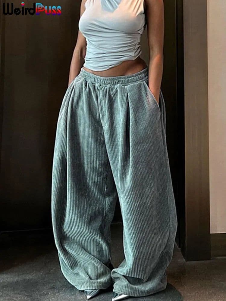 image-Weird Puss Y2K Casual Wide-Leg Pants Women Autumn Loose Simple Basic Pocket High Waist Trousers Corduroy Streetwear Long Bottoms
