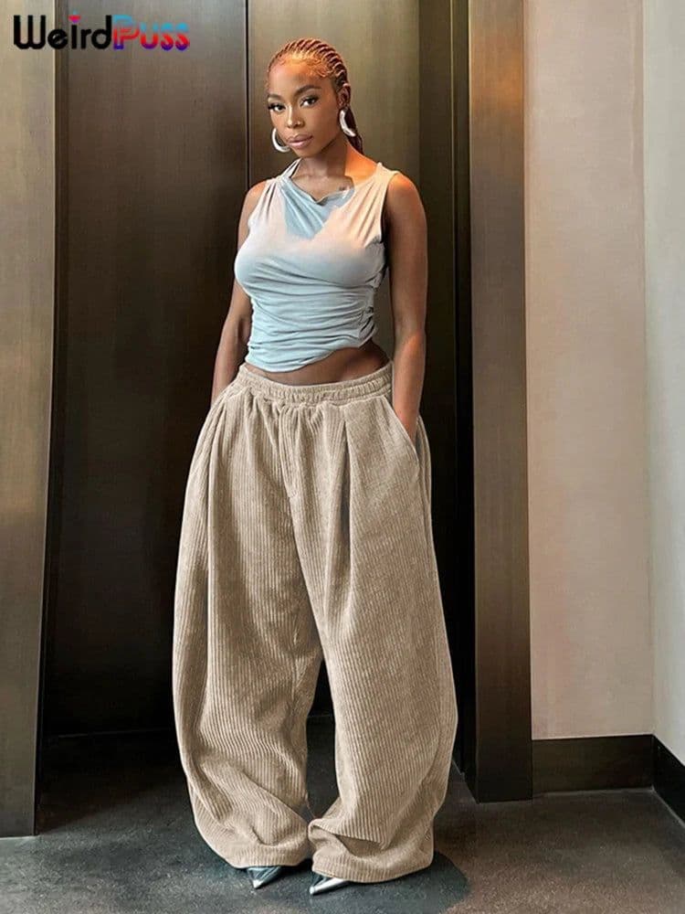 image-Weird Puss Y2K Casual Wide-Leg Pants Women Autumn Loose Simple Basic Pocket High Waist Trousers Corduroy Streetwear Long Bottoms