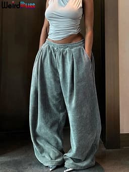 image-Weird Puss Y2K Casual Wide-Leg Pants Women Autumn Loose Simple Basic Pocket High Waist Trousers Corduroy Streetwear Long Bottoms