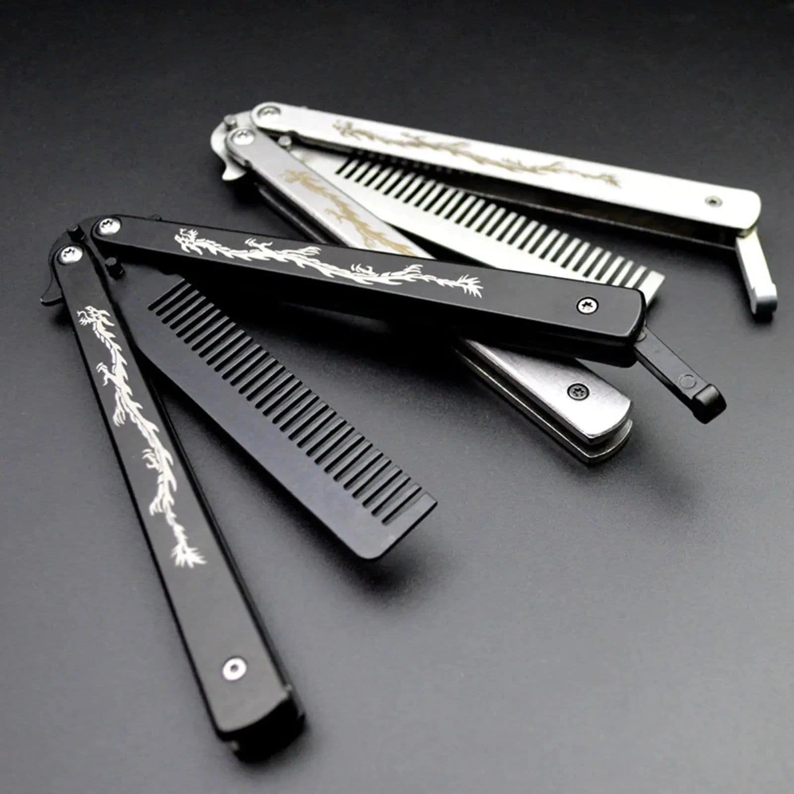image-Foldable Comb Stainless Steel Practice Training Butterfly Knife Comb Beard Moustache Brushes Hairdressing Styling Tool