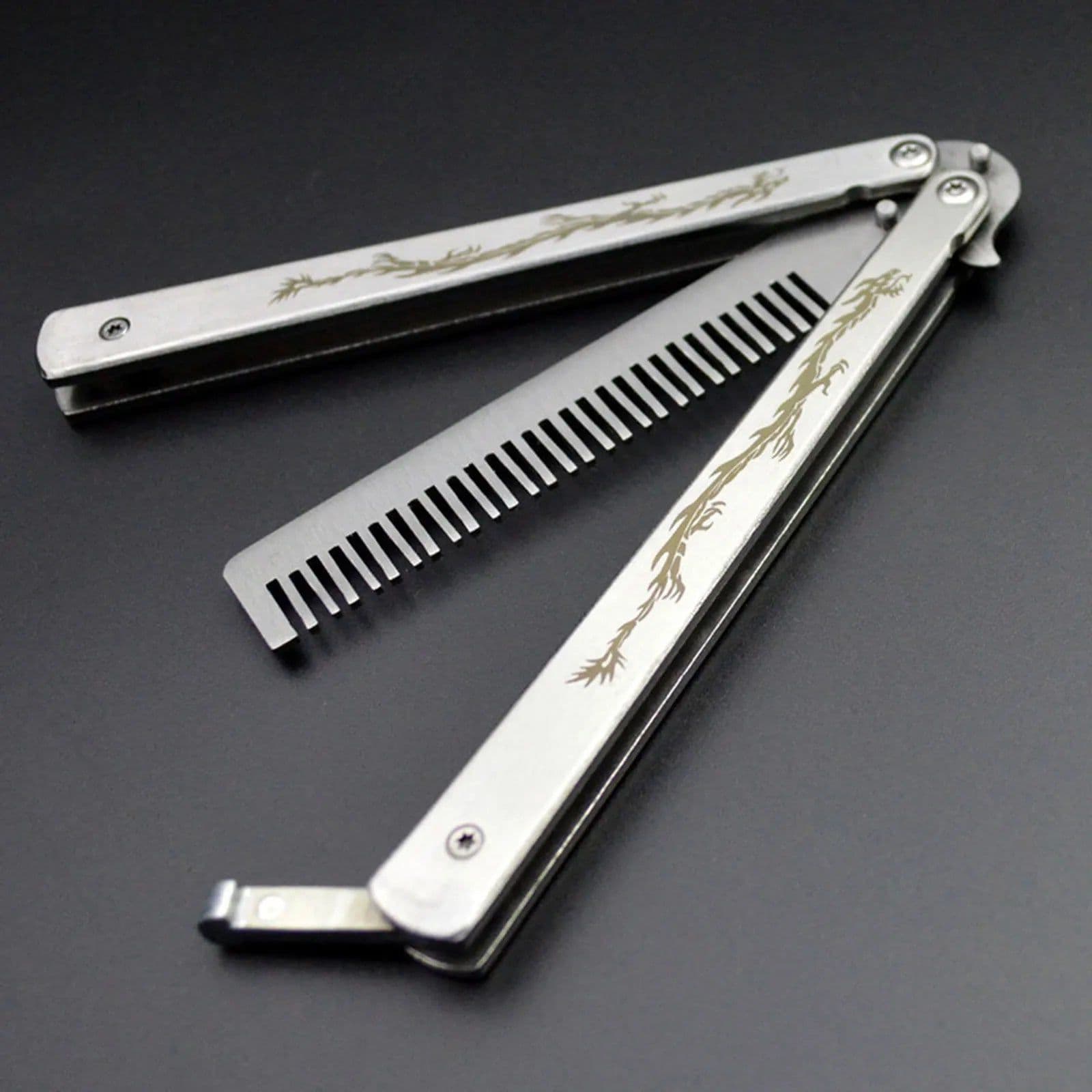 image-Foldable Comb Stainless Steel Practice Training Butterfly Knife Comb Beard Moustache Brushes Hairdressing Styling Tool