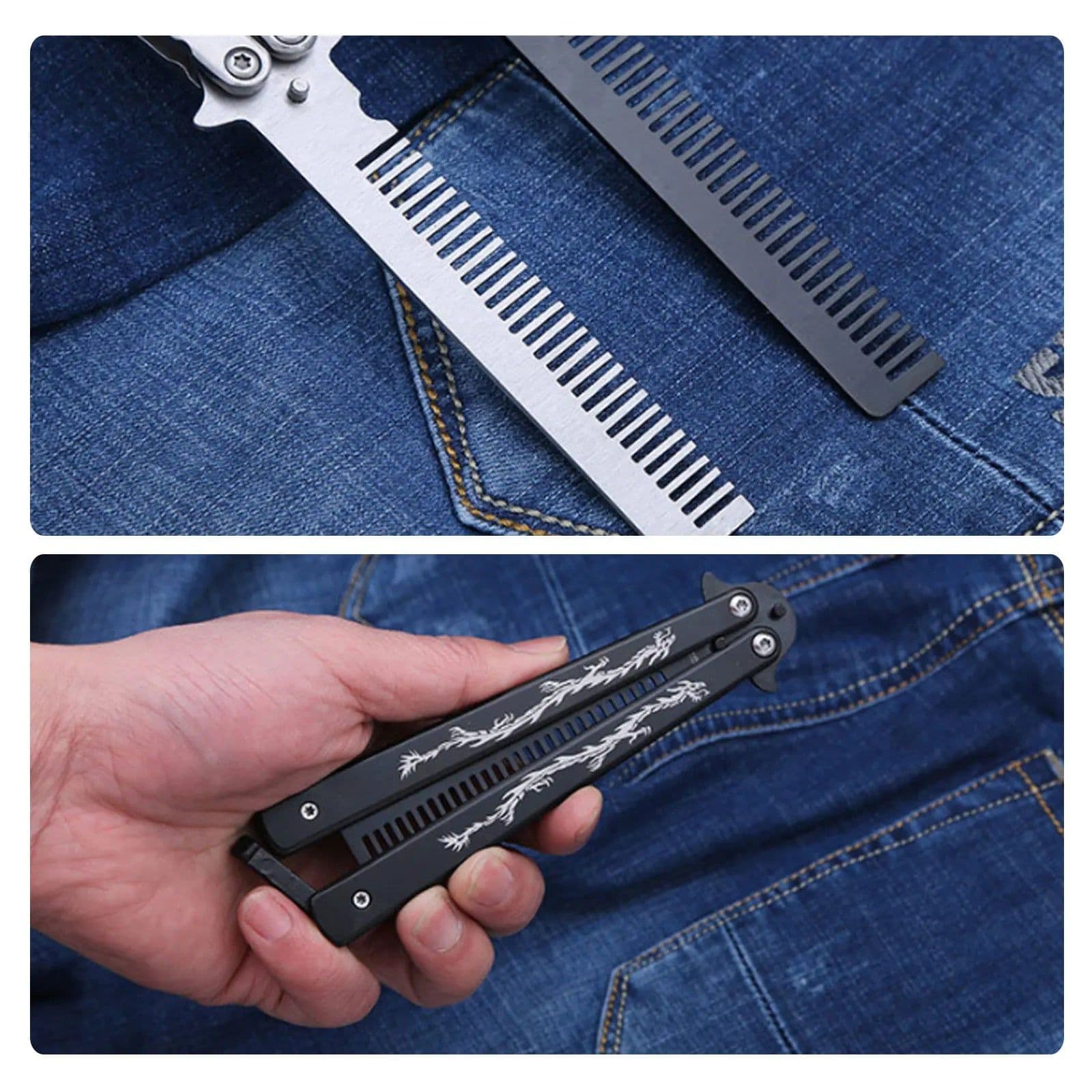 image-Foldable Comb Stainless Steel Practice Training Butterfly Knife Comb Beard Moustache Brushes Hairdressing Styling Tool